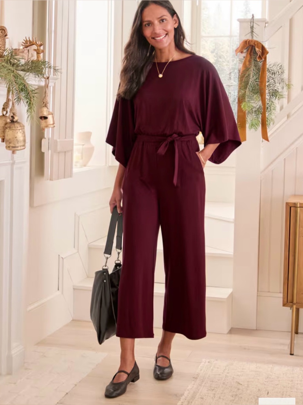 Garnet Hill Wide-Leg Maroon Jumpsuit with Tie Waist